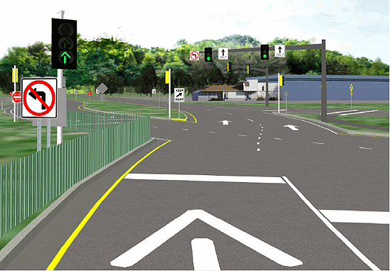 This computer-generated photo from the Highway Driving Simulator shows the driver's view of the crossover back to the right side of the roadway on the east side of the interchange. Prominent features of the design that can be seen in this image include the regulatory signage, including the lane restriction, left- and right- turn restriction, keep right, do not enter; and wrong way signs.