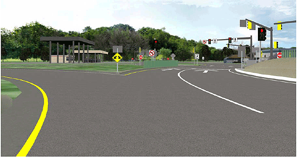 This computer-generated photo from the Highway Driving Simulator shows the driver's view of the arterial where drivers can either make a free left-turn onto the northbound freeway onramp or proceed straight through the interchange signal.