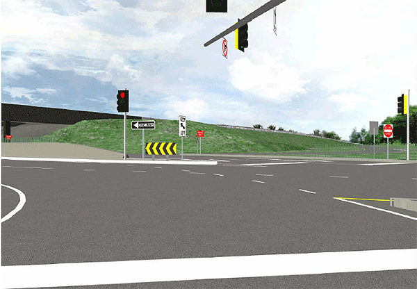 This computer-generated photo from the Highway Driving Simulator shows the driver's view of the arterial on the east side of the underpass where drivers on the northbound offramp could see a path to the far side opposing eastbound traffic lanes.
