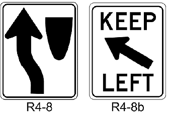 This image shows two signs from the Manual on Uniform Traffic Control Devices. The image on the left is the R4-8 keep left sign, which shows an arrow pointing around the left side of a barrier, thereby indicating that drivers should keep left. The image on the right side is the R4-8b keep left sign from the Manual on Uniform Traffic Control Devices. This sign shows the words 'keep left' and an arrow pointing diagonally toward the left.