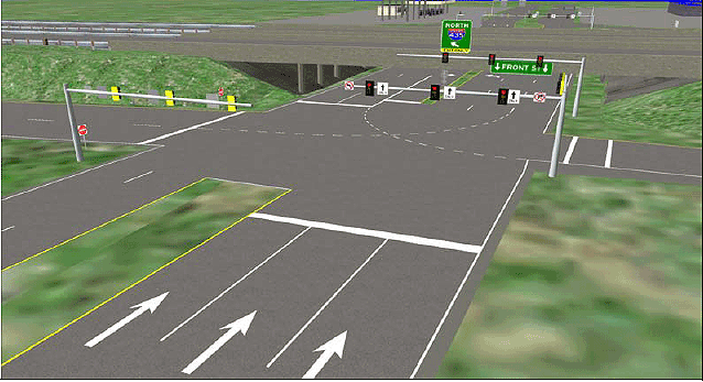 This computer-generated photo from the Highway Driving Simulator shows an aerial view of the western approach to the conventional diamond interchange that was used in the evaluation experiment.