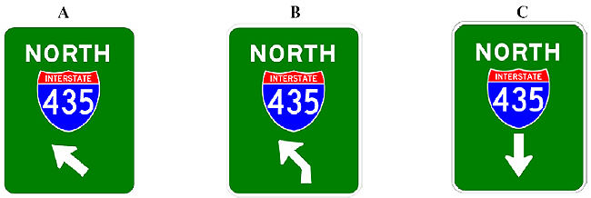 This image shows three overhead navigation signs. Sign A is the overhead navigation sign used in the experiment above the underpass. This sign has a straight arrow pointing to the left at a 45-degree angle. Sign B is an overhead navigation sign that could have been more appropriate for turn beyond the underpass. This sign has a hooked arrow with a vertical segment at its base. Sign C also would have been more appropriate for the turn beyond the underpass. This sign features a down arrow that points to the appropriate lane.