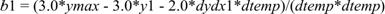 Equation 18. b1 equals the quantity 3.0 times y max minus 3.0 times y1 minus 2.0 times dydx1 times d temp, that quantity divided by product of d temp times d temp.