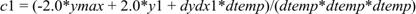 Equation 20. c1 equals the quantity negative 2.0 times y max plus 2.0 times y1 plus dydx1 times d temp, that quantity divided by the product of d temp times d temp times d temp.