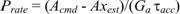 Equation 36. P subscript rate equals the difference of A subscript cmd minus Ax subscript est, that difference divided by the product of G subscript a times tau subscript acc.