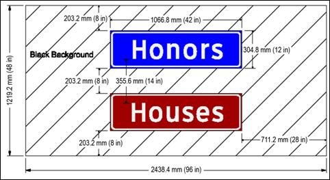 Figure 10. Diagram. Example legibility sign display. The diagram illustrates the stimulus used for evaluating sign legibility. The example stimulus is a 2.44-m (96-inch) wide by 1.22-m (48-inch) tall black background with two 1.07-m (42-inch) wide by 0.30-m (12-inch) tall signs equally spaced in a vertical arrangement in the center of the background. In this diagram, the top sign has a blue background with the word Honors in mixed case. The lower sign has a brown background with the word Houses in mixed case. The letter height of the capital H is 0.15 m (6 inches) for both signs. 