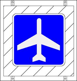 Figure 11. Diagram. Example symbol sign display. The diagram illustrates an example stimulus used for evaluating symbol recognition. The dimensions of the example stimulus are not provided in the figure. In this diagram, a sign with a blue background and the logo for an airport, a plan view of an aircraft, is centered on a background. The background is approximately 30 percent wider and taller than the test sign.