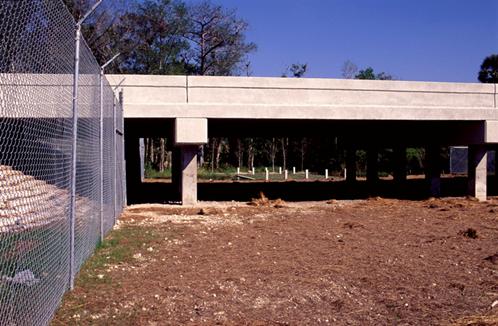 This picture shows a bridge over a currently dry (but seasonally wet) drainage area.