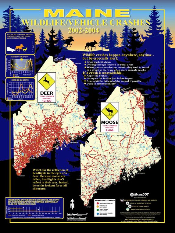 This is a picture of a large poster with numerous graphics and text boxes. The title, running across the top of the poster, is Maine Wildlife/Vehicle Crashes 2002 to 2004. In the middle of the poster are two maps of Maine showing the State highway system: The map on the left represents locations of deer vehicle collisions with the words Deer total crashes 2002 to 2004 10,429. The map on the right shows moose vehicle collisions with the words Moose total crashes 2002 to 2004 2,009.