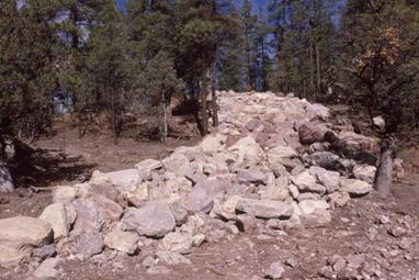 This picture shows a swath of large boulders running through a forested area. 