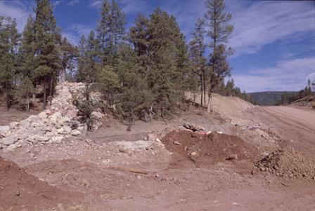 This picture shows a swath of large boulders running through a forested area with the roadway, under construction, in the background.