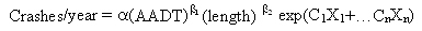 Equation 9. Crashes per year, with length raised to the power beta. Crashes per year equals alpha times annual average daily traffic raised to the power beta one times length raised to the power beta two times the exponent of the sum of the products of C sub one and X sub one out to the nth term. 