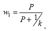 Equation 3. W sub 1. w sub 1 equals the product of k and p divided by the quantity of the product of k and p plus 1.