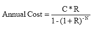Equation 8. Annual cost. Annual cost equals c times r divided by the quantity of 1 minus a, where a equals the quantity of 1 plus R raised to the power of negative N.