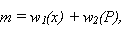 Equation 2. M equals the product. m equals the product of w sub one times x plus the product of w sub two times p.