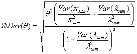 Equation 6. The standard deviation of theta. The standard deviation of theta equals the square root of the product of theta squared, and a plus b divided by the quantity of 1 plus b, where a equals the quotient of variance of sum of pis divided by sum of pi squared, where b equals the variance of sum of lambda divided by sum of lambda squared.