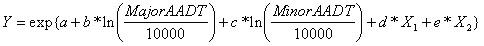 Equation 7. Y equals the exponent. y equals the exponent of v plus w plus x plus y plus z, where v equals a, w equals b times the natural log of the quotient of Major AADT divided by 10,000, x equals c times the product of the natural log of the quotient minor AADT divided by 10,000, y equals the product of d and x, and z equals the product of e and x sub 2.