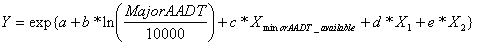 Equation 9. Y equals the exponent, third version. y equals the exponent of v plus w plus x plus y plus z, where v equals a, w equals b times the natural log of the quotient of Major AADT divided by 10,000, x equals c times x sub Minor AADT_available, y equals the product of d and x, and z equals the product of e and x sub 2.