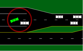 Figure 1. Illustration. Conflict scenario resulting from a lane change maneuver. This figure illustrates a traffic conflict scenario where two vehicles are at risk of colliding. The figure portrays a roadway that begins as a two-lane road and widens to include additional left-turn and right-turn bays. The figure includes five vehicles, though only two of the vehicles are of interest. The two vehicles of interest are enclosed in a circle with a red outline to call attention to them. The vehicles of interest include a white vehicle that is driving straight in its lane and a green vehicle that is cutting across the same lane at a 20-degree angle. The rear of the green vehicle is crossing about 1.22 meters (4 feet) in front of the white vehicle. While speed is not indicated from the figure, the white vehicle would be expected to decelerate to avoid possible collision with the green vehicle. This scenario of two vehicles nearly colliding constitutes a traffic conflict event.