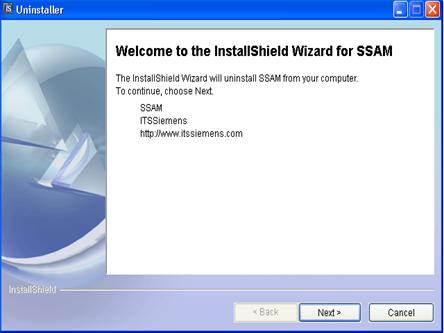Figure 11. Screen Capture. Uninstaller Screen--InstallShield Welcome Screen. This is the welcome screen for SSAM Uninstaller process. The SSAM installer asks the user to select which SSAM features to uninstall. Click Next to begin the uninstallation process.