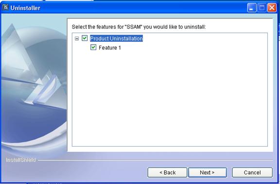 Figure 12. Screen Capture. Uninstaller Screen--Product Uninstallation Features. The installer informs the user that the SSAM software will be uninstalled from the local machine. Click Next to start the uninstallation process.