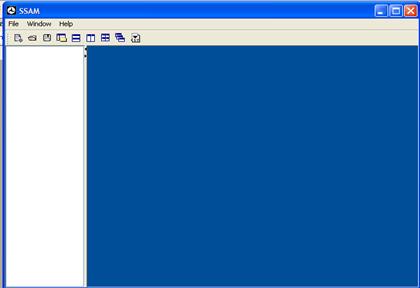 Figure 15. Screen Capture. SSAM--Beginning Screen. This screen shows what the SSAM software looks like when it is started for the first time after installation. There is a menu list at the top of the screen, an icon section under the menu options and two blank tabs at the bottom of the screen. The tab on the left is the case document viewer and the tab on the right is the internal frame.