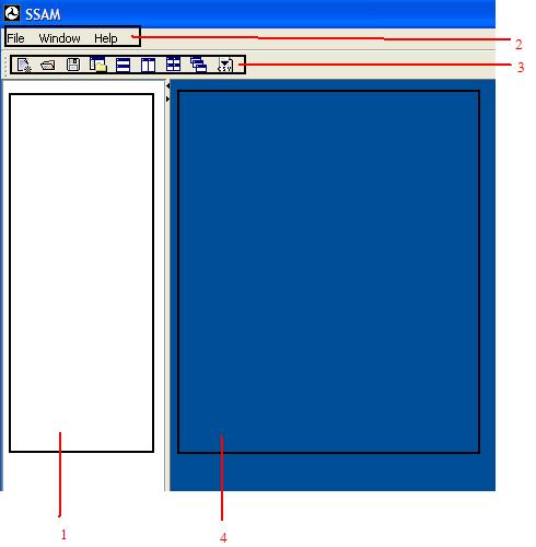 Figure 16. Screen Capture. SSAM Screen--Beginning Screen with Callouts. This screen shows what the SSAM software looks like when it is started for the first time after installation. There is a menu list at the top of the screen, an icon section under the menu options and two blank tabs at the bottom of the screen. The tab on the left is the case document viewer and the tab on the right is the internal frame.