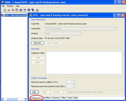 Figure 20. Screen Capture. SSAM Screen--Configuration Tab. This is the Configuration tab for the sample SSAM case file. It contains three sections: Case Information section, including the SSAM case file, comments, name of analyst, analysis date and two buttons (Edit Info and Apply Change); Case Files section, used to add or delete trajectory files; and Conflict Thresholds section, configured with Maximum TTC value to be 1.5 and Maximum post-encroachment to be 5.0.