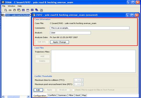 Figure 21. Screen Capture. SSAM Screen--Configuration Tab Displaying Case Information. This screen shot focuses on the Case Information section of the Configuration tab for the sample SSAM case file. The user can edit the text areas for Comments and Analyst by clicking Edit Info. In this screen capture, the Comments display, 'This is an example' and the Analyst displays, 'User.'