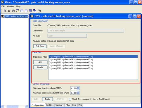 Figure 24. Screen Capture. SSAM Screen--Configuration Tab Displaying Case Files: Files Added. This screen shot shows five .trj files added to the Case Files section of the Configuration tab of the example SSAM case file. All other settings are all by default.