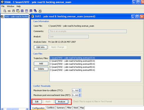 Figure 25. Screen Capture. SSAM Screen--Configuration Tab Displaying Case Files: Selection Applied. This screen shot focuses on the Edit and Analysis buttons used for configuring and applying analysis for a SSAM case file. The Edit and Analyze buttons are active and the Apply button is deactivated.