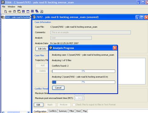 Figure 26. Screen Capture. SSAM Screen--Configuration Tab Displaying Case Files: Analysis Progress. This screen shot shows a dialog box with a progress bar indicating analysis progress. In this example, 7 percent of the first trajectory file is done with processing and 1 percent of the total processing is complete.