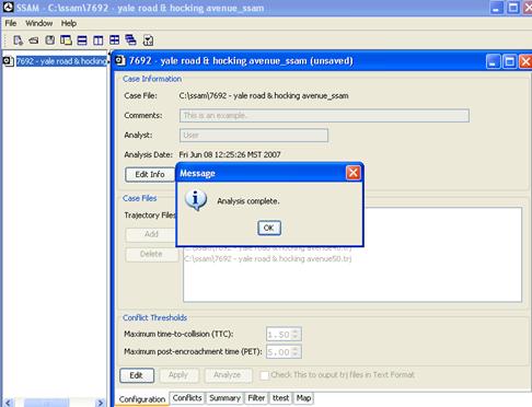 Figure 27. Screen Capture. SSAM Screen--Configuration Tab Displaying Case Files: Analysis Complete. This screen shot shows a dialog box on top of the Configuration tab for the sample SSAM case file. The message reads, 'Analysis complete.'