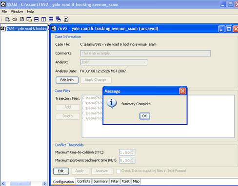 Figure 28. Screen Capture. SSAM Screen--Configuration Tab Displaying Case Files: Summary Complete. This screen shot shows a dialog box on top of the Configuration tab for the sample SSAM case file. The message reads, 'Summary complete.'