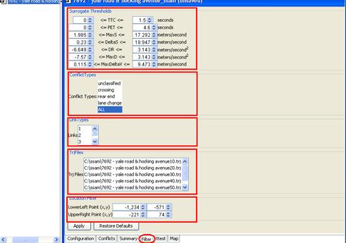 Figure 31. Screen Capture. SSAM Screen--Filter Tab with Default Settings. This screen shows the Filter tab with default settings for the sample SSAM case file. The screen shows the five criteria available to use as filers; they are Surrogate Thresholds, Conflicts Types, Link Types, Trj Files and Location Filter.