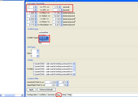 Figure 32. Screen Capture. SSAM Screen--Filter Tab with Filter Settings. This screen shows the Filter tab with some settings selected by the user instead of the default settings. The Surrogate Thresholds include TTC within the range of 0 and 2.75 seconds and PET within the range of 0 and 2.1 seconds. The Conflict Types selected are rear-end and lane-change conflicts. The rest of the filter settings are the default settings.