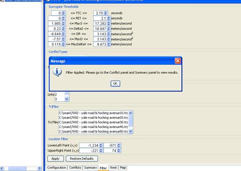 Figure 33. Screen Capture. SSAM Screen--Filter Tab with Filter Applied: Confirmation Message. This screen appears after the user clicks Apply on the Filter tab. A message informs the user that the filter has been applied and the user should go to the Conflict tab and Summary tab to view results.