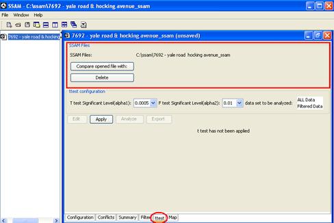 Figure 37. Screen Capture. SSAM Screen--Ttest Tab SSAM Files. This screen focuses on the SSAM Files section of the ttest tab. The name of the current SSAM case file is shown in this section. Two buttons--Compare opened file with and Delete--are active.