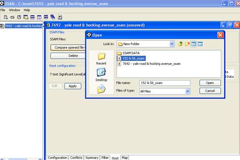 Figure 38. Screen Capture. SSAM Screen--Ttest Tab File Selection Window. This screen shot shows a file selection window open on top of the ttest tab. In this example, the SSAM case file 152 and 56_ssam is selected.