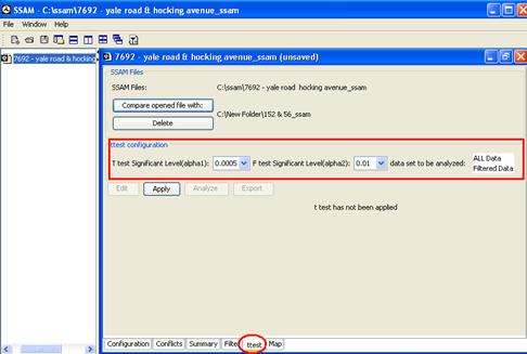 Figure 39. Screen Capture. SSAM Screen--Ttest Tab Default Settings. This screen focuses on the ttest configuration section of the ttest tab. The user must configure three settings: T-test Significant Level, F test Significant Level, and data set to be analyzed.