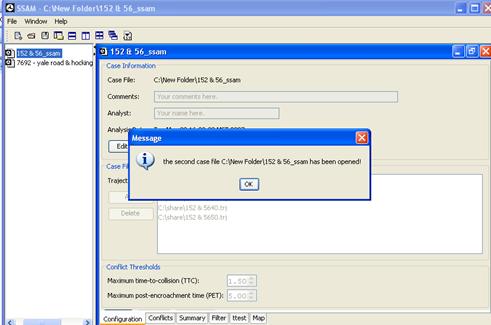 Figure 41. Screen Capture. SSAM Screen--Ttest Tab Open Confirmation Message. A dialog box is shown on top of the ttest tab. The message informs the user that the second case file has been opened and is ready to be used for the t-test.