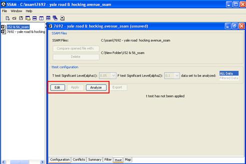 Figure 42. Screen Capture. SSAM Screen--Ttest Tab Active Case Document. This screen focuses on the buttons on the ttest tab. The Edit and Analyze buttons are active and the Apply and Export buttons are not active.