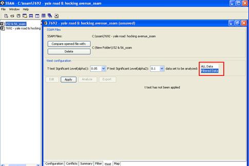 Figure 47. Screen Capture. SSAM Screen--Ttest Tab Filtered Data Selected. In the ttest tab, filtered data is selected as the data set to be analyzed. Other configurations include 0.05 for t-test significant level and 0.1 for the F test significant level. Two SSAM case files are selected to perform the t test. They are 7692-yale road & hocking avenue_ssam and 150 & 56_ssam.