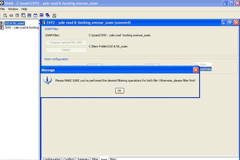 Figure 48. Screen Capture. SSAM Screen--Ttest Tab Filtering Confirmation Message. A dialog box is shown on top of the ttest tab. This message asks the user to perform the desired filtering operation for both files. The user must click OK to continue.