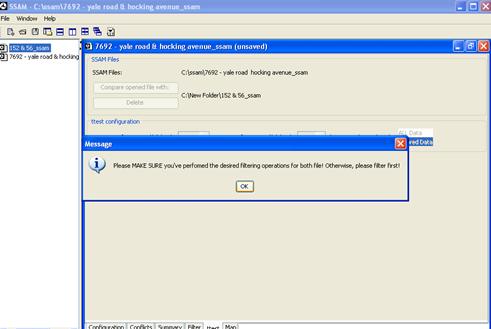 Figure 48. Screen Capture. SSAM Screen--Ttest Tab Filtering Confirmation Message. A dialog box is shown on top of the ttest tab. This message asks the user to perform the desired filtering operation for both files. The user must click OK to continue.