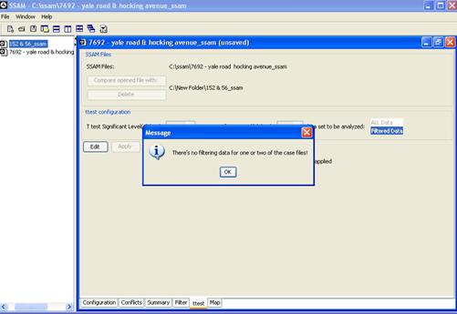 Figure 49. Screen Capture. SSAM Screen--Ttest Tab Analyze Warning Message. A warning message is shown on top of the ttest tab, This message informs the user that there is no filtering data for one or both of the case files. The user must click OK to continue.