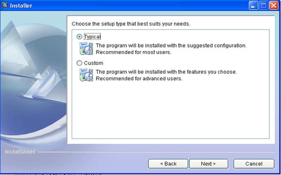 Figure 5. Screen Capture. Installer Screen--Option Choices Typical or Custom. The installer gives the user the option of choosing a typical or custom installation. In a typical install, the user does not have the option of selecting which features of the SSAM software will be installed.