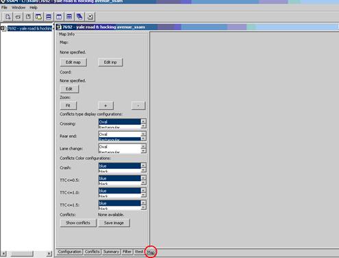 Figure 50. Screen Capture. SSAM Screen--Map Tab. This screen shows the Map tab for the sample SSAM case file. There are two sections in the Map tab: Map info and map view (not labeled).