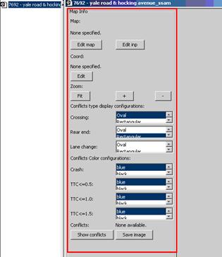 Figure 51. Screen Capture. SSAM Screen--Map Tab Map Info Section. This screen focuses on the Map Info section of the Map tab. The Map Info section has four sub-sections: Map, Conflicts type display configurations, Conflicts Color configurations, and Conflicts.