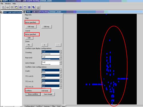 Figure 53. Screen Capture. SSAM Screen--Map Tab Conflicts Without Background. This screen shows conflicts directly on the black background of the map view section of the Map tab. On the left side of the screen, three labels are emphasized: None specified for the Map, None specified for the Coord, and 503 total for the Conflicts. On the right side of the screen, conflict points with different colors are marked on the black background.